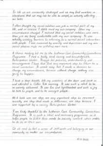 Image of a handwritten letter received from a person supported by Lutheran Care's Community Connections program. 