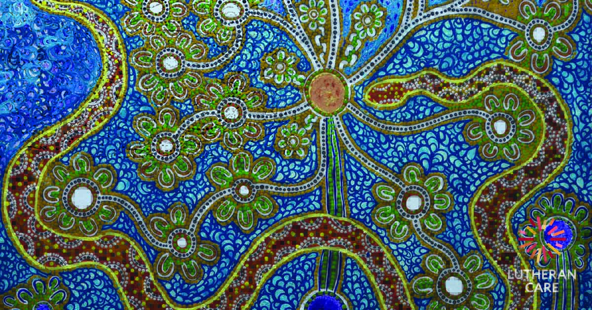 Image of Aboriginal Australian artwork. The Lutheran Care logo appears in the bottom right hand corner.