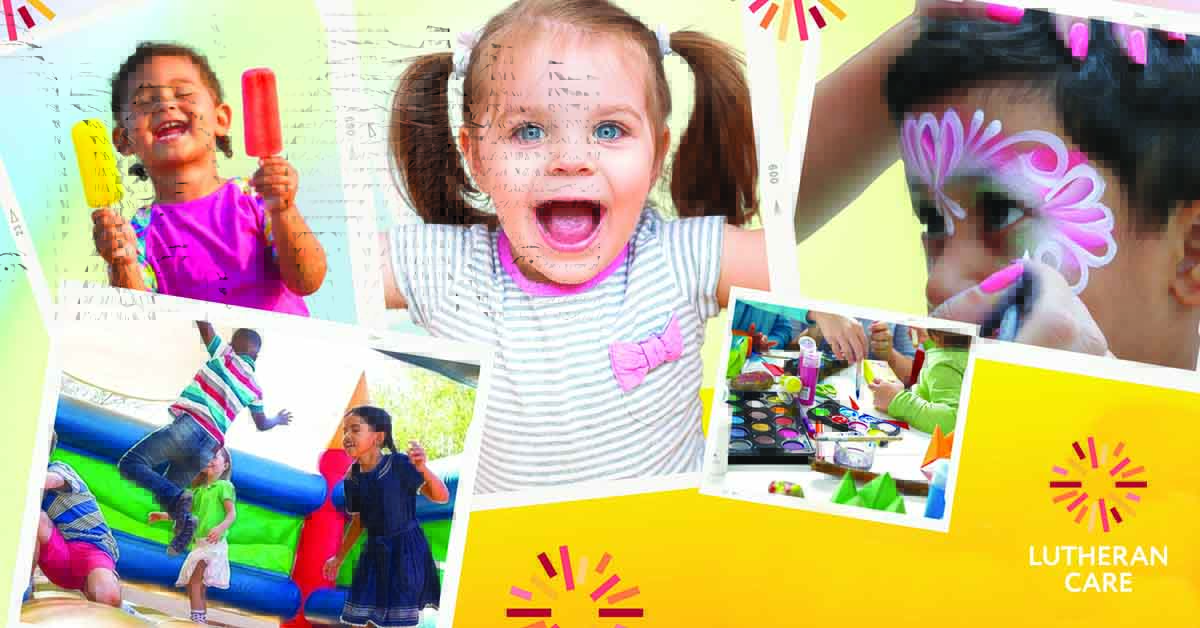 Multiple images of a young girl with ice cream, a girl laughing, a boy getting his face painted and two children on a bouncy castle. The Lutheran Care logo appears in the bottom right hand corner.