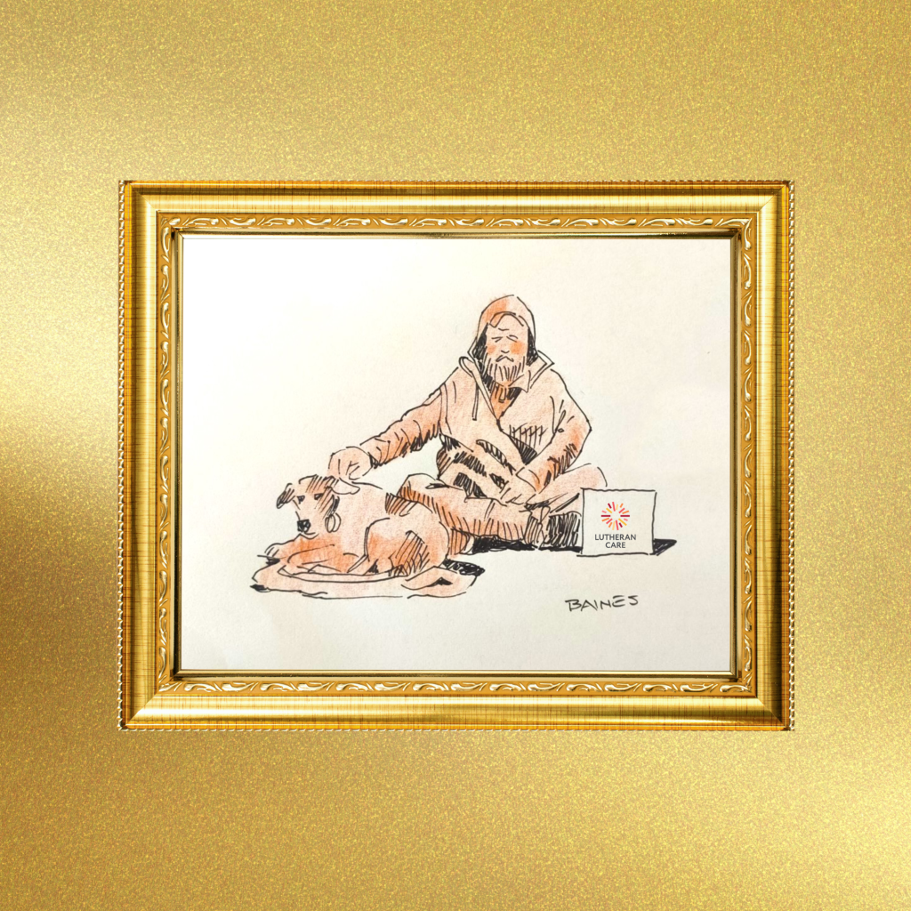 Sketch artwork by Andrew Baines showing a man sitting on the ground with his dog next to him.