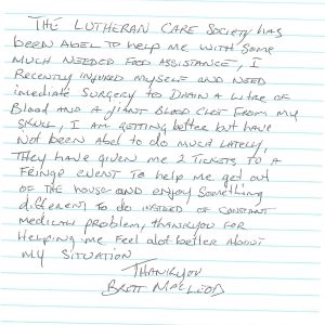 A hand written note from Brett thanking Lutheran Care for the Fringe tickets - note contents included in web article.
