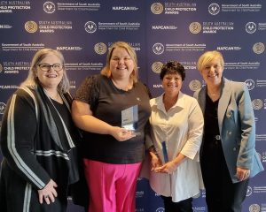 Lutheran Care Executive Manager Specialist Services Karen Harbey, award-winning Lutheran Care Foster Carers Tara Forbes-Godfrey and Lisa O'Malley, and Department for Child Protection CEO Jackie Bray at the recent Child Protection Awards.