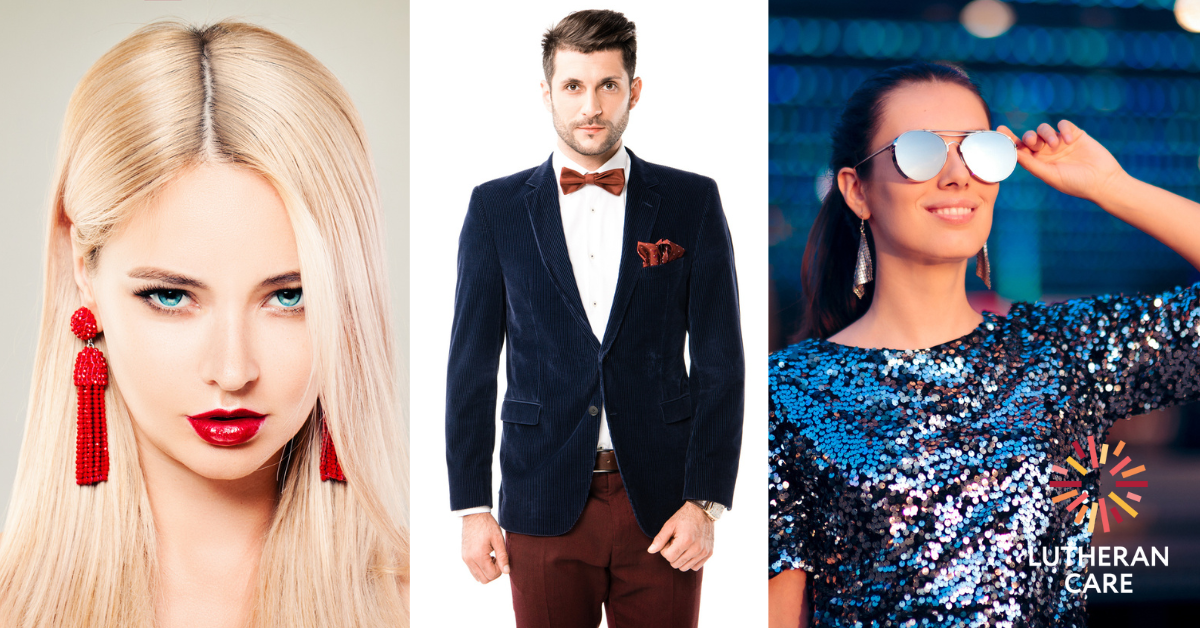 A collage of three images, including a woman with long dangly red earrings and matching shade of lipstick, a man wearing a blue suit with a mirone bow tie and pants, and a woman wearing sunglasses and a sparkly top.