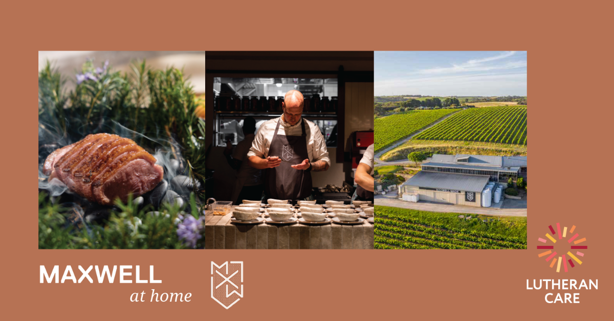 An image built from three photos of a pork dish, a chef, and the Maxwell Wines cellar door and restaurant. The outside of the image is brown, with some wording that reads Maxwell at Home.