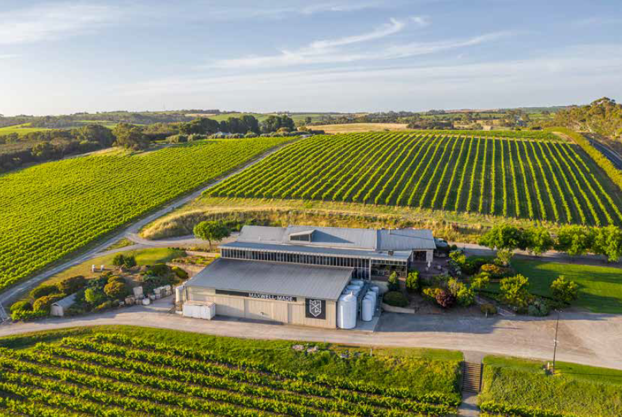 A view from above of Maxwell Wines premises nestled among green vineyards.