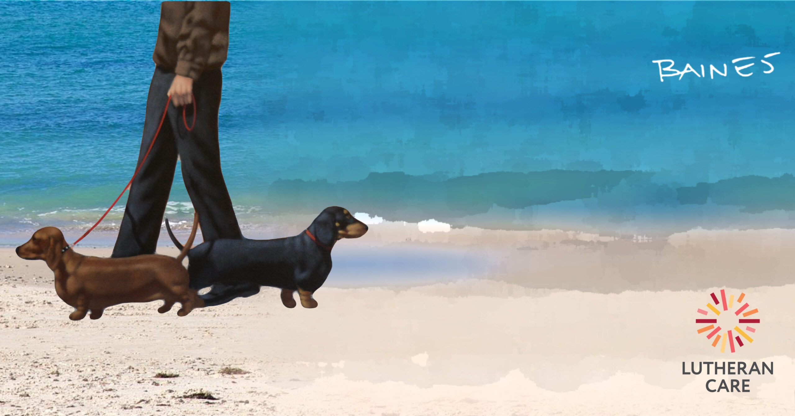 Andrew Baines artwork of sausage dogs on a beach with owner. Baines signature and the Lutheran Care logo appear on the right hand side of image.