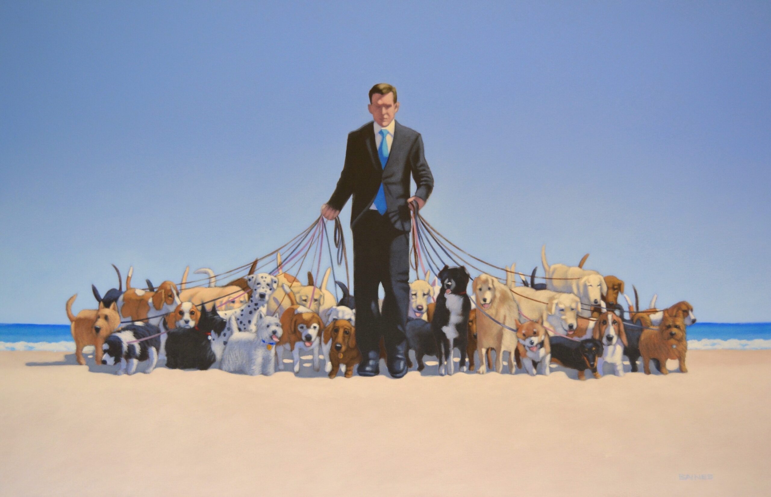 Andrew Baines painting of a man in a suit walking over 30 dogs at once on the beach.