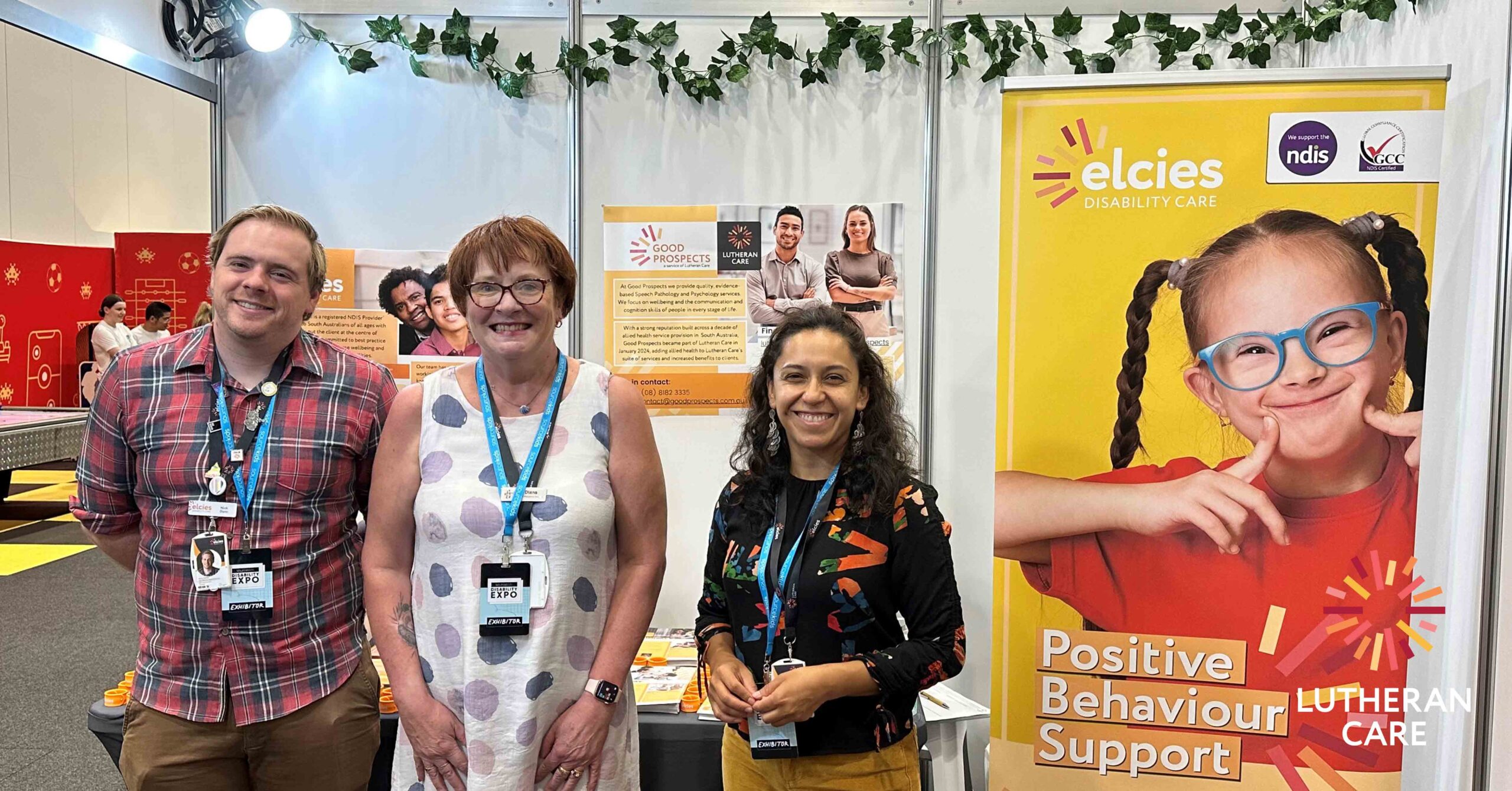 Elcies Disability Care and Good Prospects staff at the Source Kids Expo. The Lutheran Care logo appears in the bottom right hand corner.