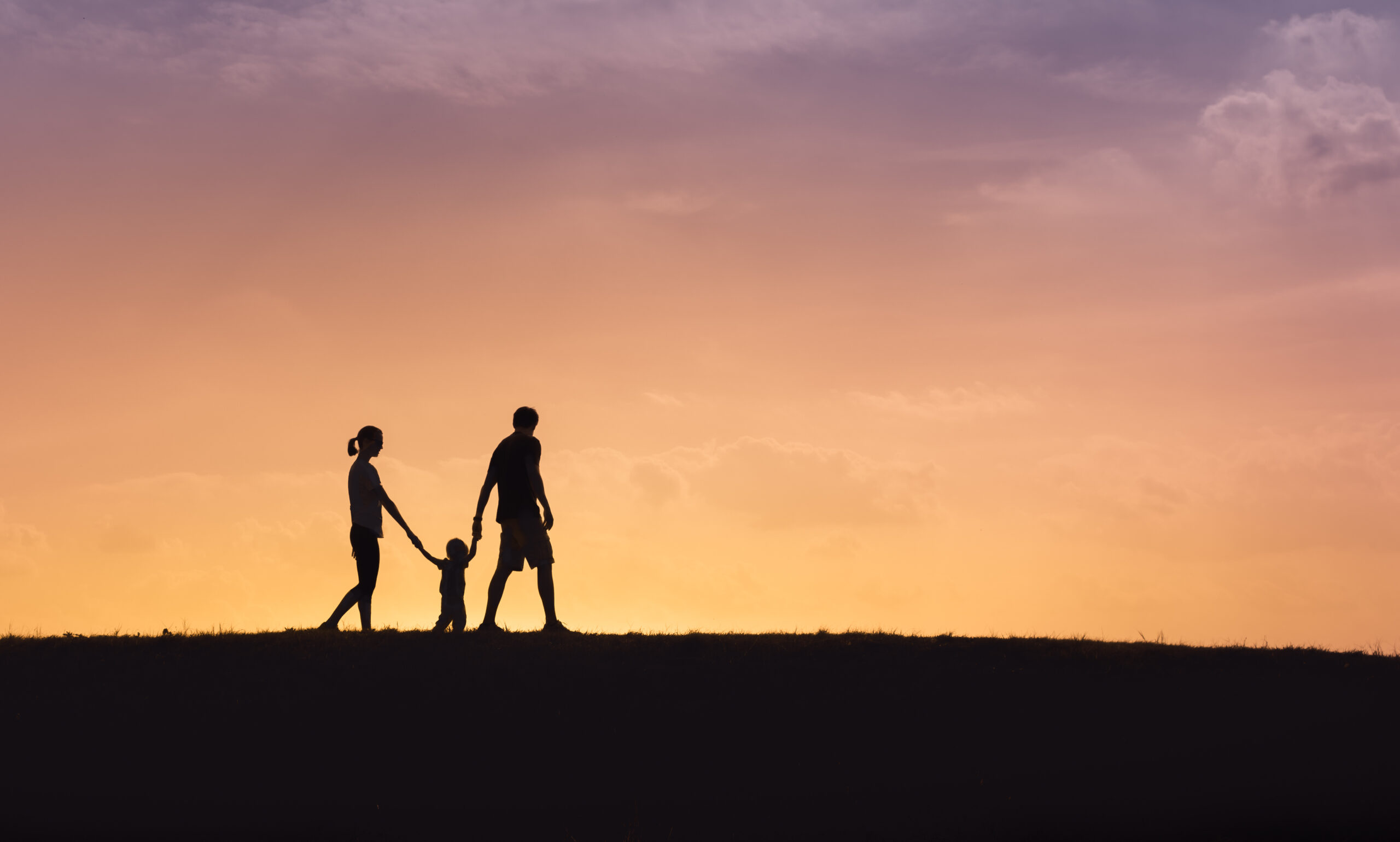 Family walk holding hands in the distance at sunset.