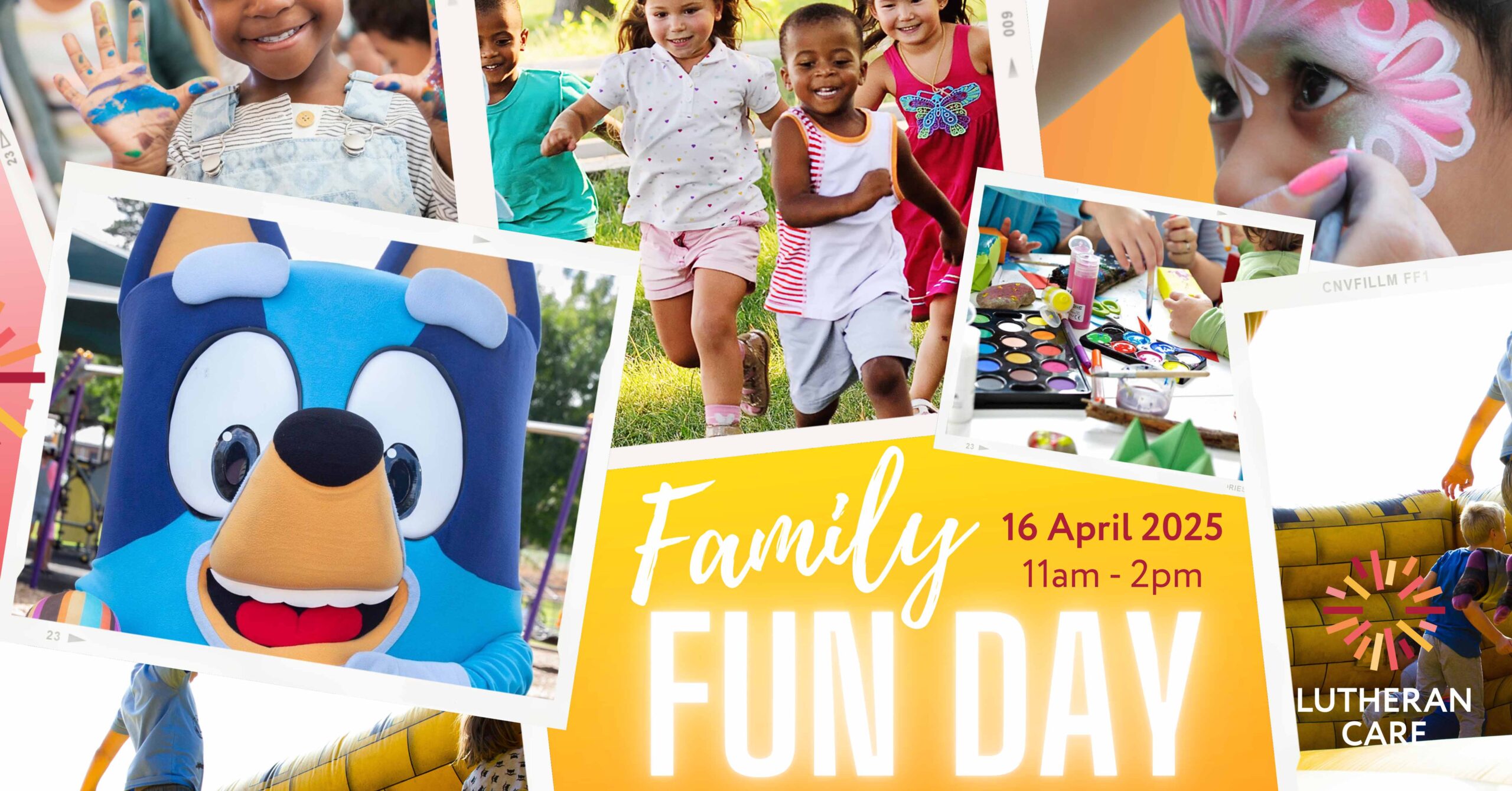 Images of families enjoying the fun day. The Lutheran Care logo appears in the bottom right hand corner.
