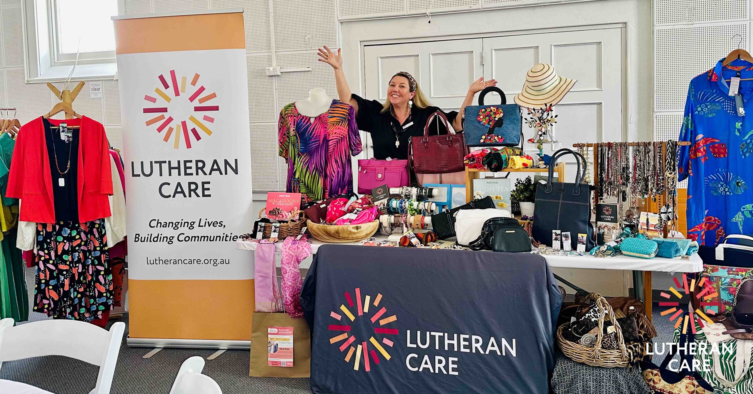 Elcies Tanunda Manager Halia at the pop up shop at the lunch. The Lutheran Care logo appears in the bottom right hand corner.