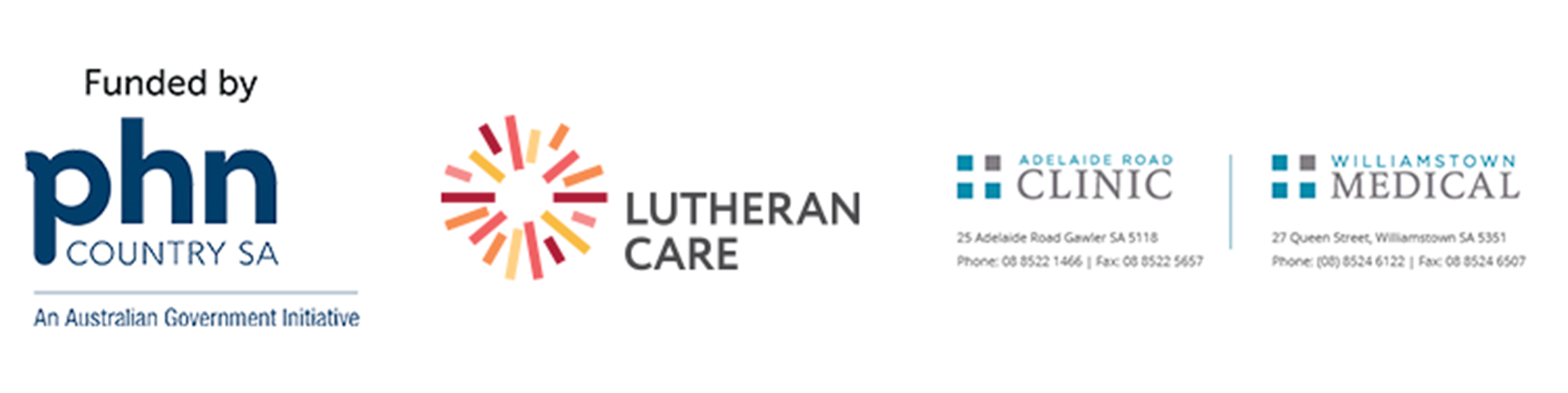 Country SA PHN, Lutheran Care and Adelaide Road Clinic Logos